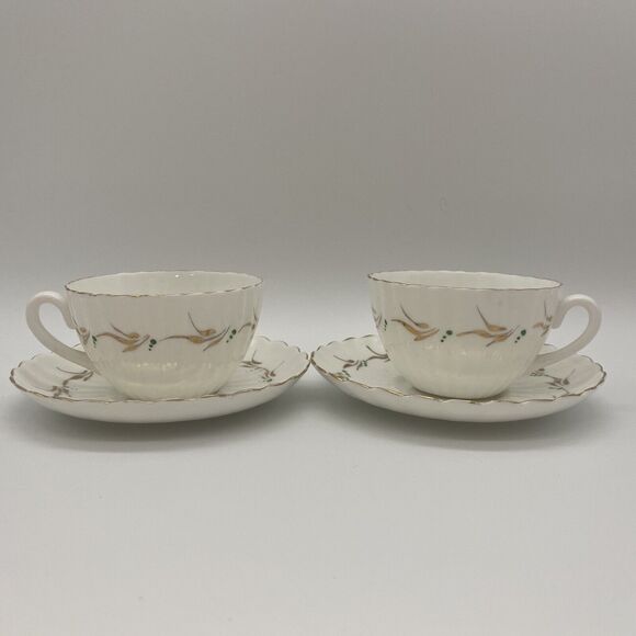 Embassy Ware Fondevillie Bone Chine Gold And Green Tea Cups  And Saucer Set - Picture 1 of 11